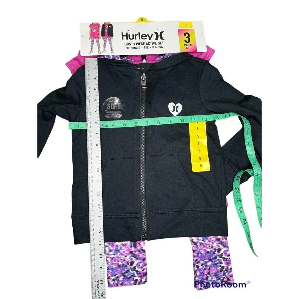 Hurley Girls Size 5 Kids' 3-piece Set  BLACK Active set Zip Hoodie, Tee, Legging